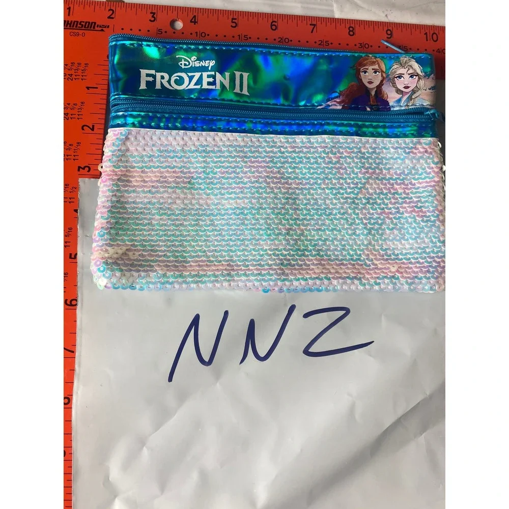 Disney Frozen II Anna Elsa Iridescent Sequin Pouch Blue Zipper Pencil Case Bag